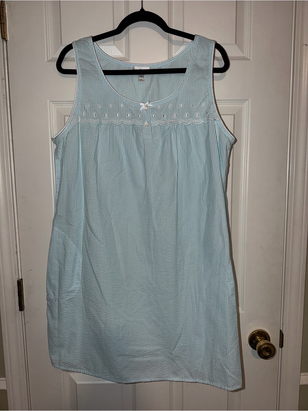 Miss Elaine Light Blue & White Seersucker Nightgown Patio Dress Muumuu